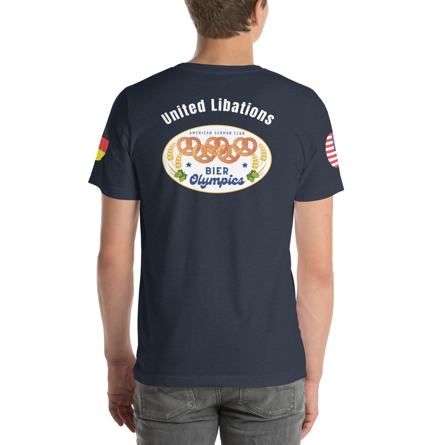 Customized Bier Olympics Team T-Shirts -- Unisex - FLAGS on sleeves